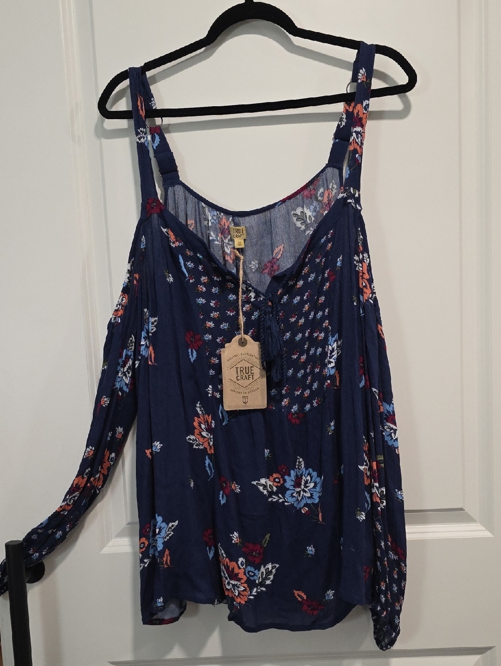 True Craft Navy Floral Cold-Shoulder Top